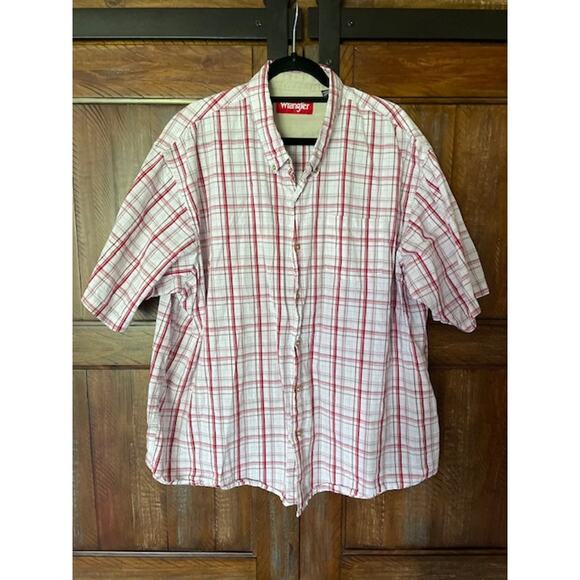 Wrangler Size 3XL Men's Short Sleeve Button Up 100% Cotton Shirt Red White Plaid - Picture 1 of 3